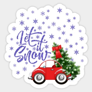 Let It Snow Red Car and Christmas Tree Sticker